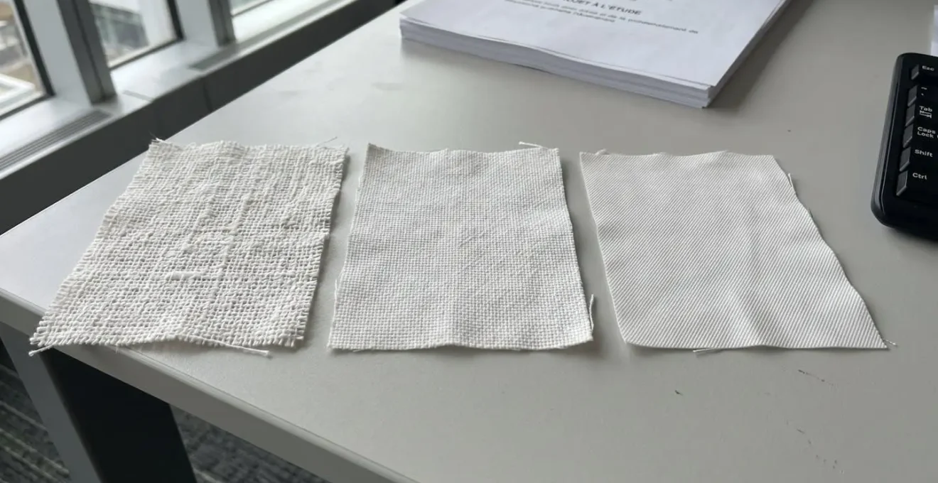 Trois échantillons de tissu coton blanc de grammages différents posés côte à côte sur une surface lumineuse moderne, montrant les variations de densité et d'épaisseur