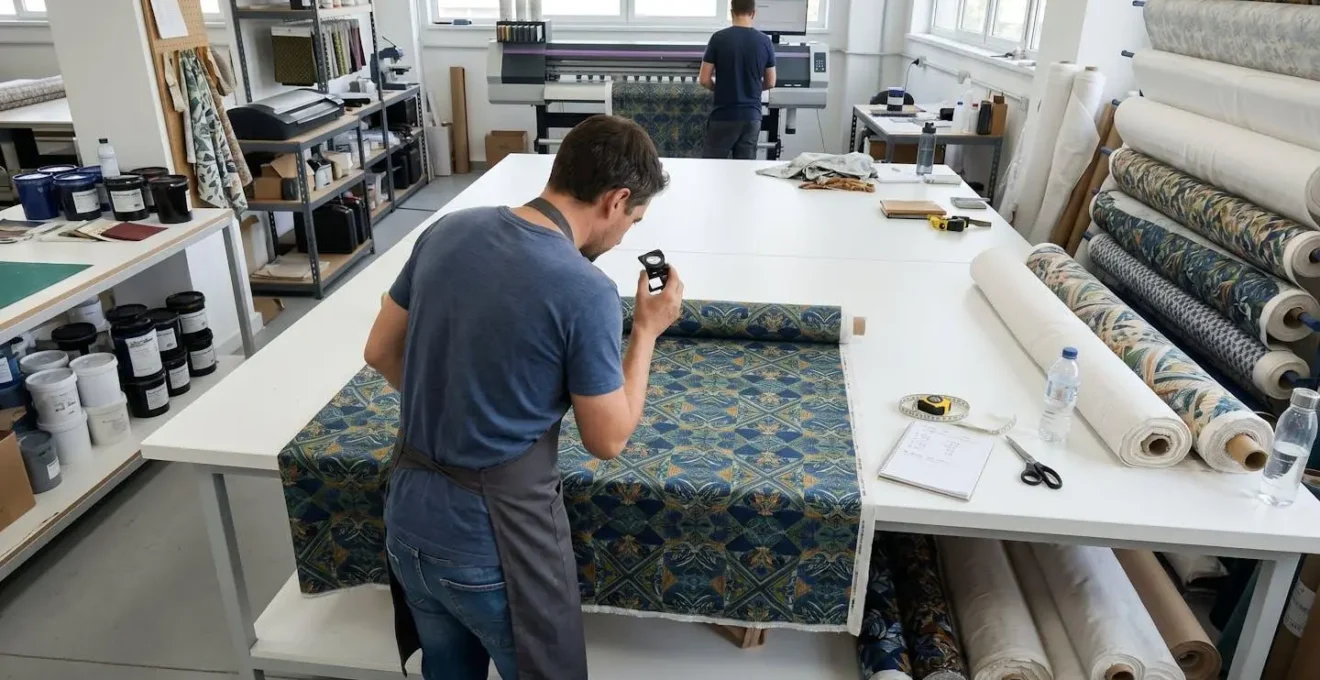 Vue en plongée sur un professionnel en train de contrôler la qualité d'un tissu imprimé posé sur une table de travail dans un atelier moderne et lumineux