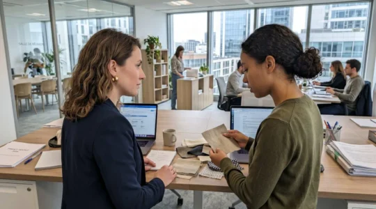 Deux professionnels vus de profil examinent côte à côte des échantillons de tissus posés sur une table dans un bureau contemporain lumineux