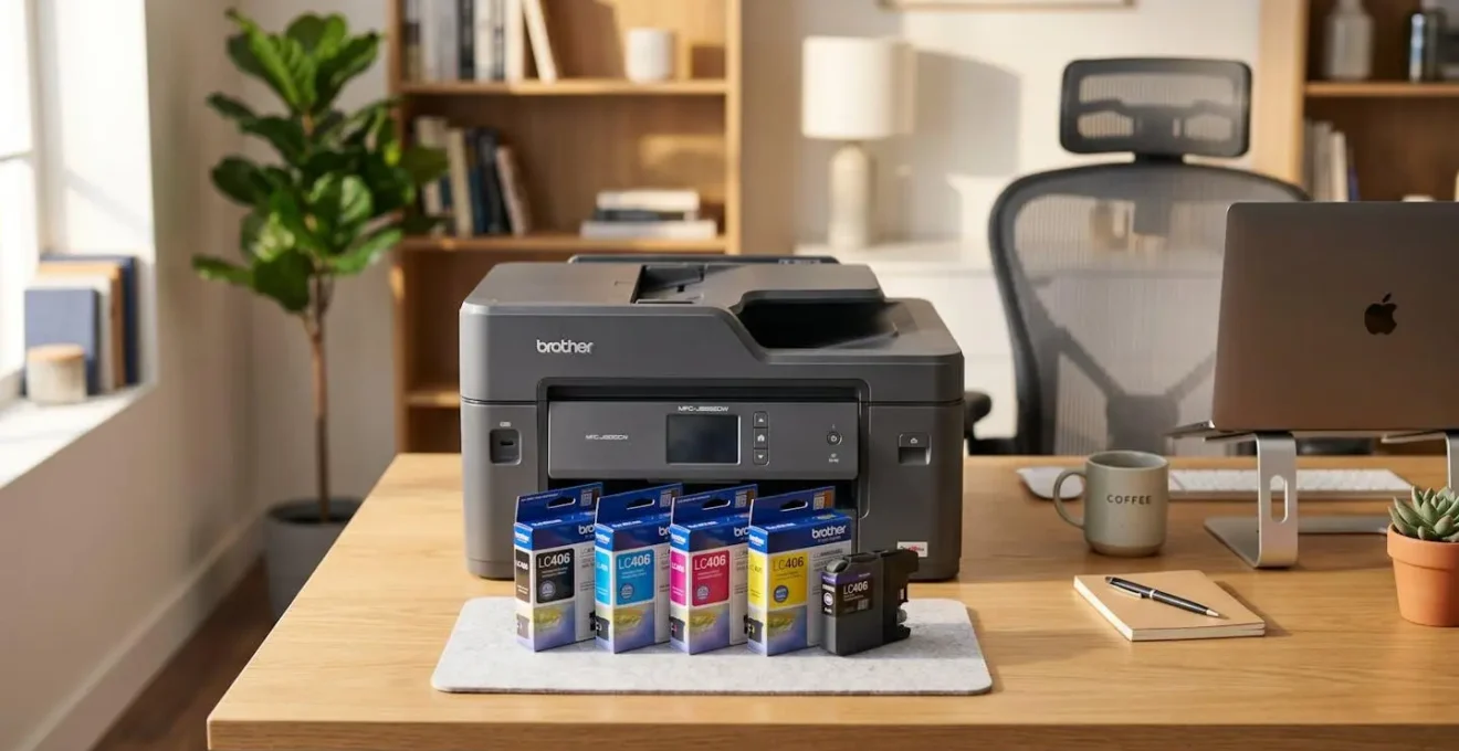 Bureau professionnel avec imprimante Brother et cartouches d'encre colorées disposées devant