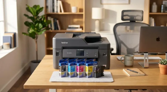 Bureau professionnel avec imprimante Brother et cartouches d'encre colorées disposées devant