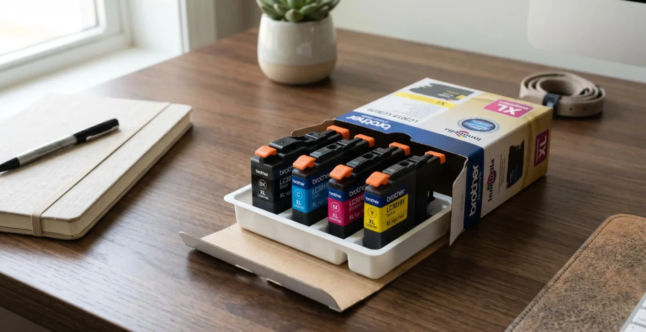 Pack de quatre cartouches Brother XL noires et couleurs posé sur un bureau professionnel ouvert