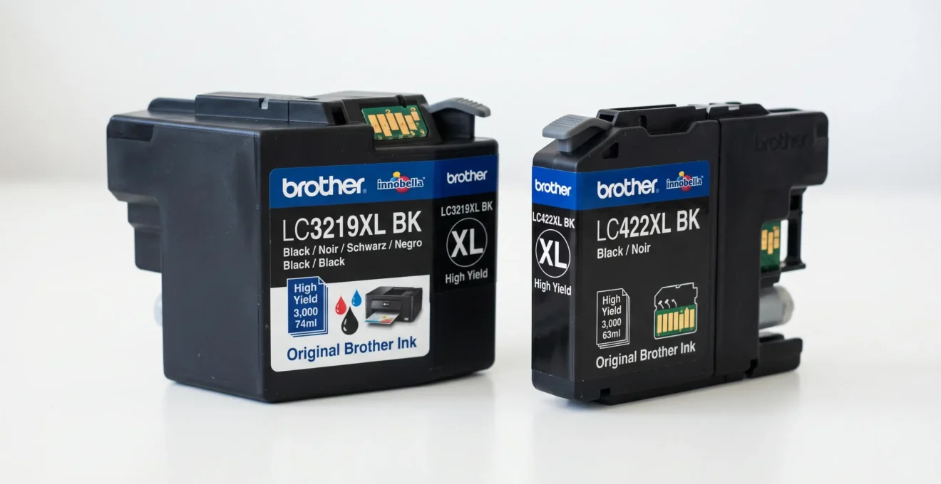 Comparaison visuelle de cartouches Brother LC3219XL et LC422XL côte à côte sur une surface blanche
