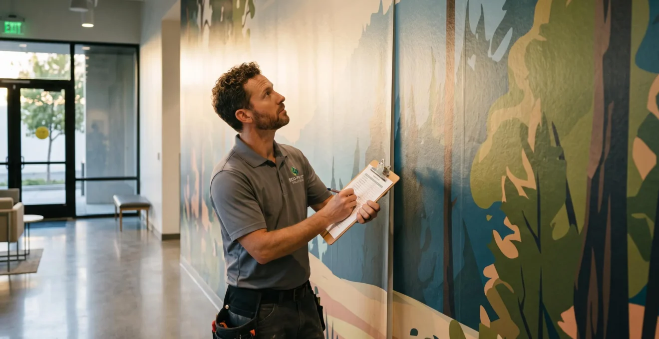 Un installateur vérifie les raccords d'une fresque murale achevée avec une checklist.