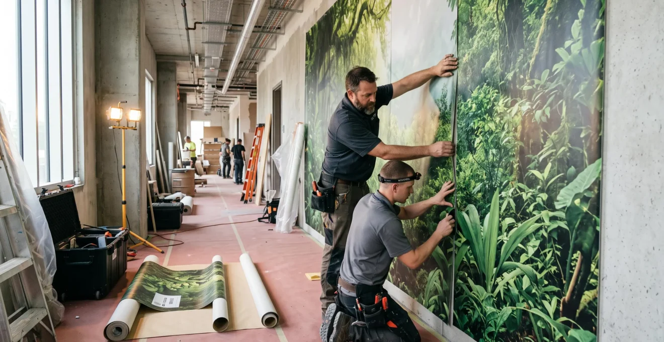 Deux poseurs alignent une bande de fresque imprimée sur un mur intérieur.