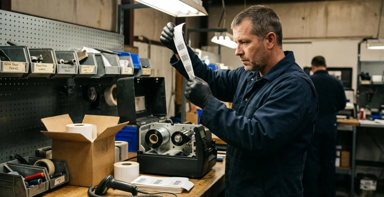 Un technicien examine une étiquette d'identification avec code-barres fraîchement imprimée sur une imprimante à transfert thermique dans un atelier industriel.